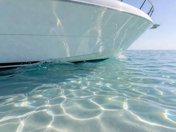 Clean crystal clear ocean water passing over yacht hull