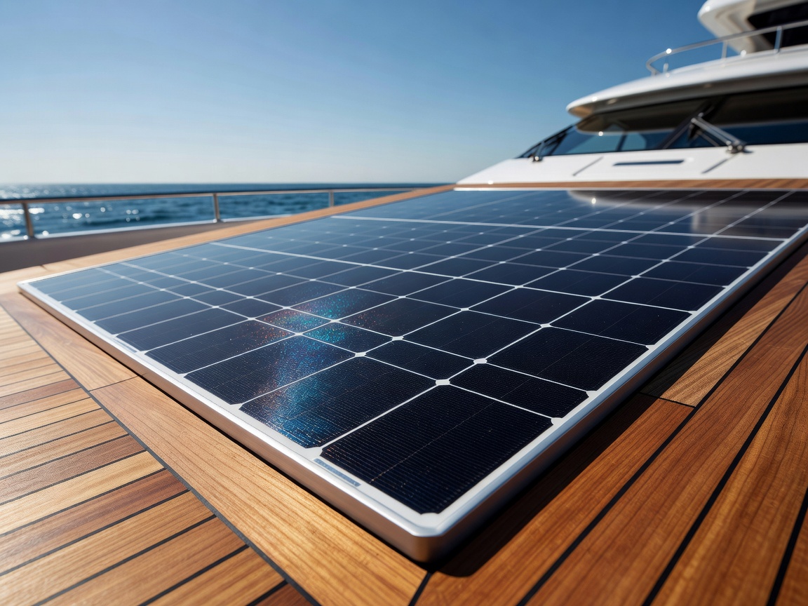High efficiency SunPower solar panel surface on a yacht deck