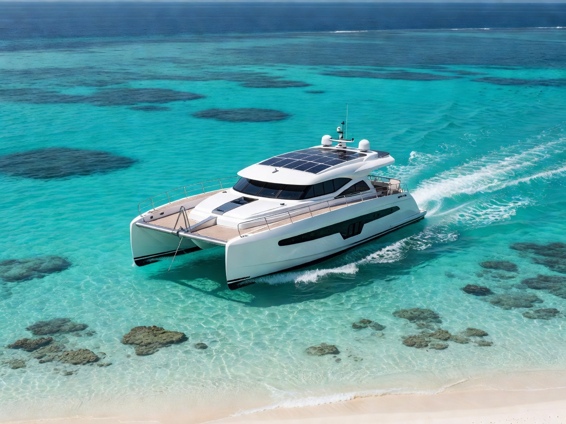 Modern luxury catamaran with solar integrated roof cruising clear turquoise waters