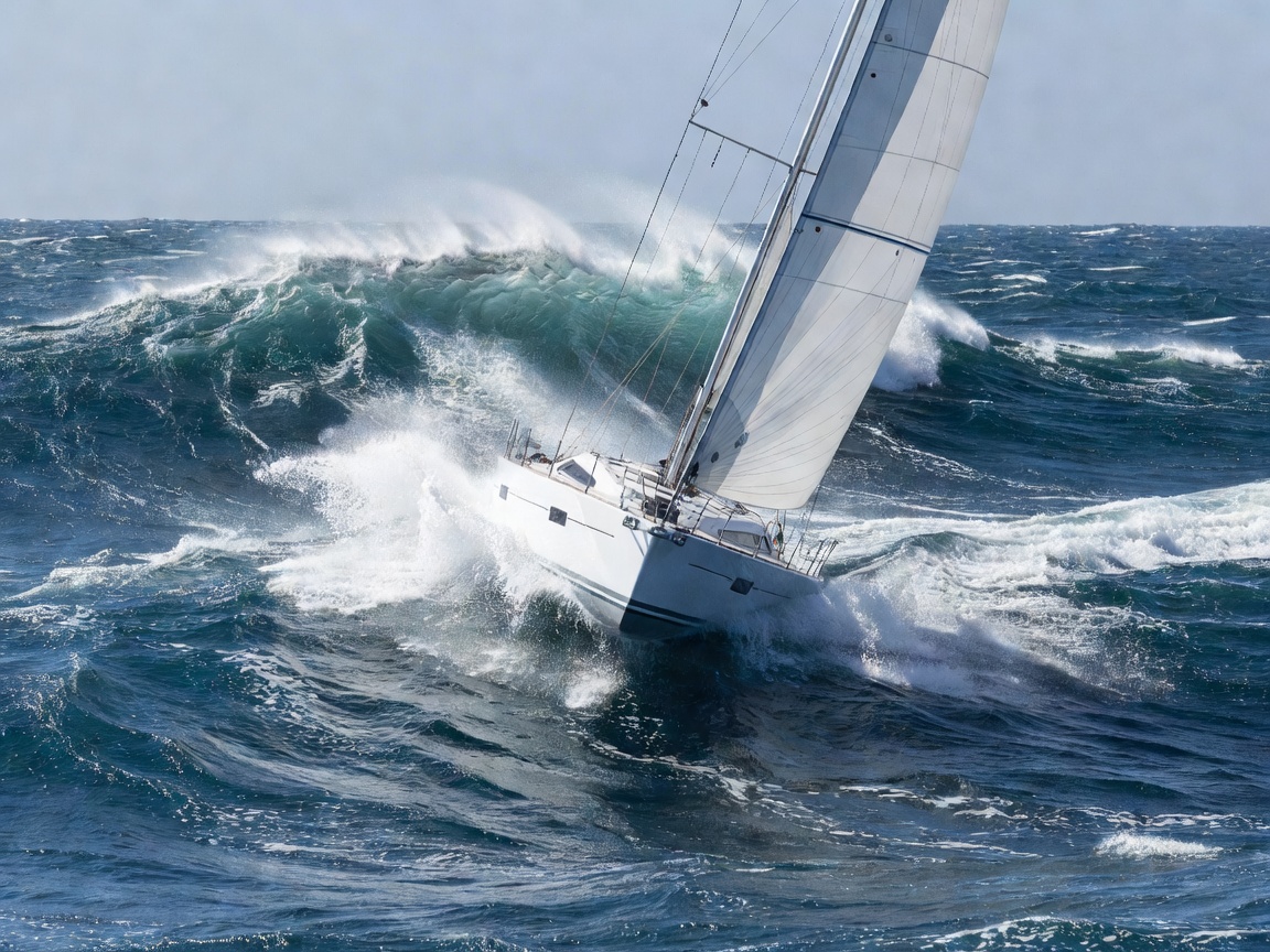 Sailing yacht battling deep water waves under radiant sunshine