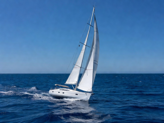 Yacht sailing across open blue water under clear skies